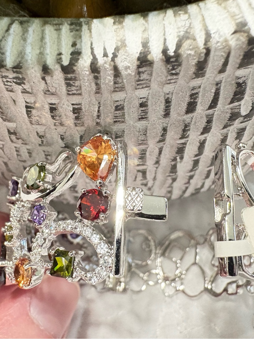 New Sterling Silver 925 Multicolor Pave Crystal Statement Cuff Bracelet - Picture 15 of 16